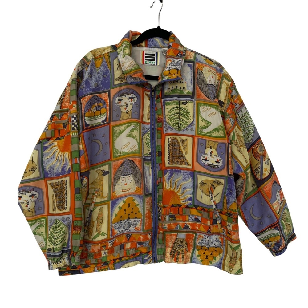 EVR Silk Windbreaker Jacket Womens Medium Multi Color Vintage 90s Graphic Print‎